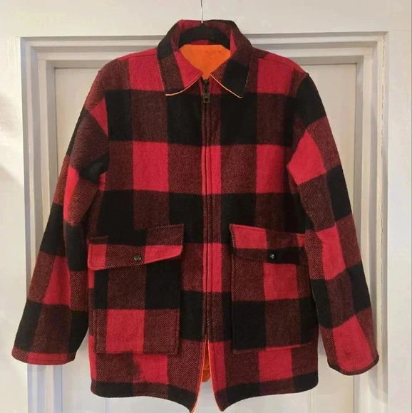 VTG Woolrich Buffalo Plaid Reversible Hunting Full Zip Jacket Red Size Medium - Picture 1 of 16
